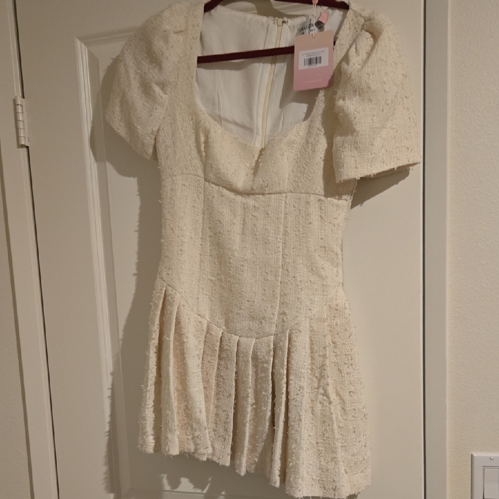 Hello Molly Cream Tweed Mini Dress with Pink Tag